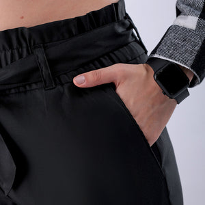 Women's Black Slim Solid Elasticated Ruffle Waist Trouser