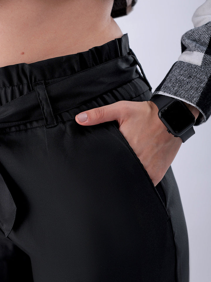 Women's Black Slim Solid Elasticated Ruffle Waist Trouser