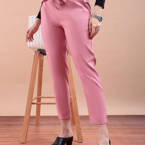 Women's Pink Slim Solid Elasticated Ruffle Waist Trouser