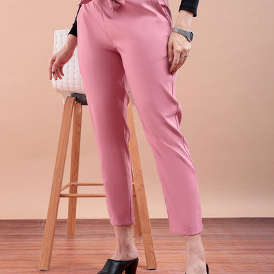 Women's Pink Slim Solid Elasticated Ruffle Waist Trouser