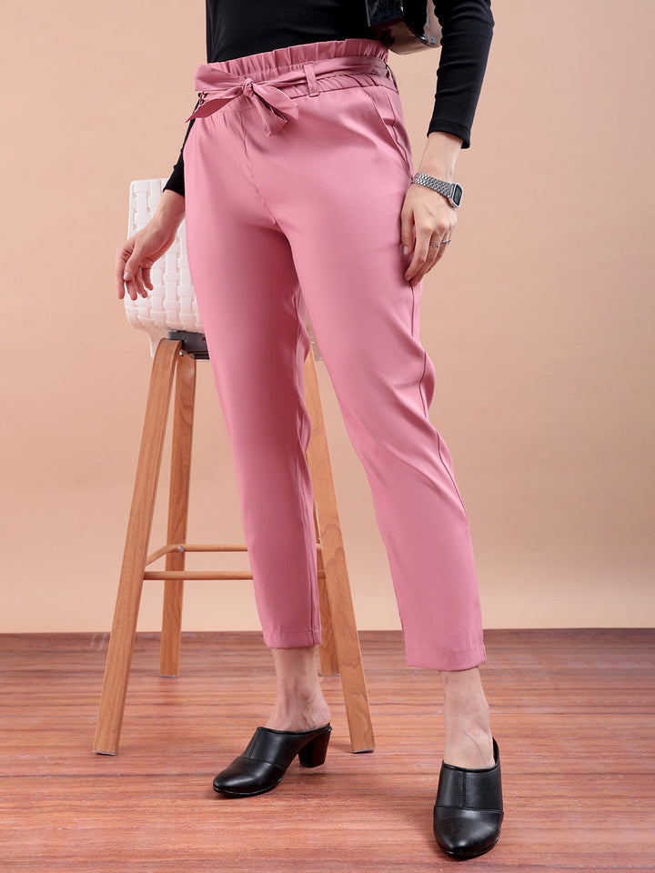 Women's Pink Slim Solid Elasticated Ruffle Waist Trouser