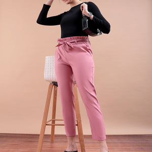 Women's Pink Slim Solid Elasticated Ruffle Waist Trouser