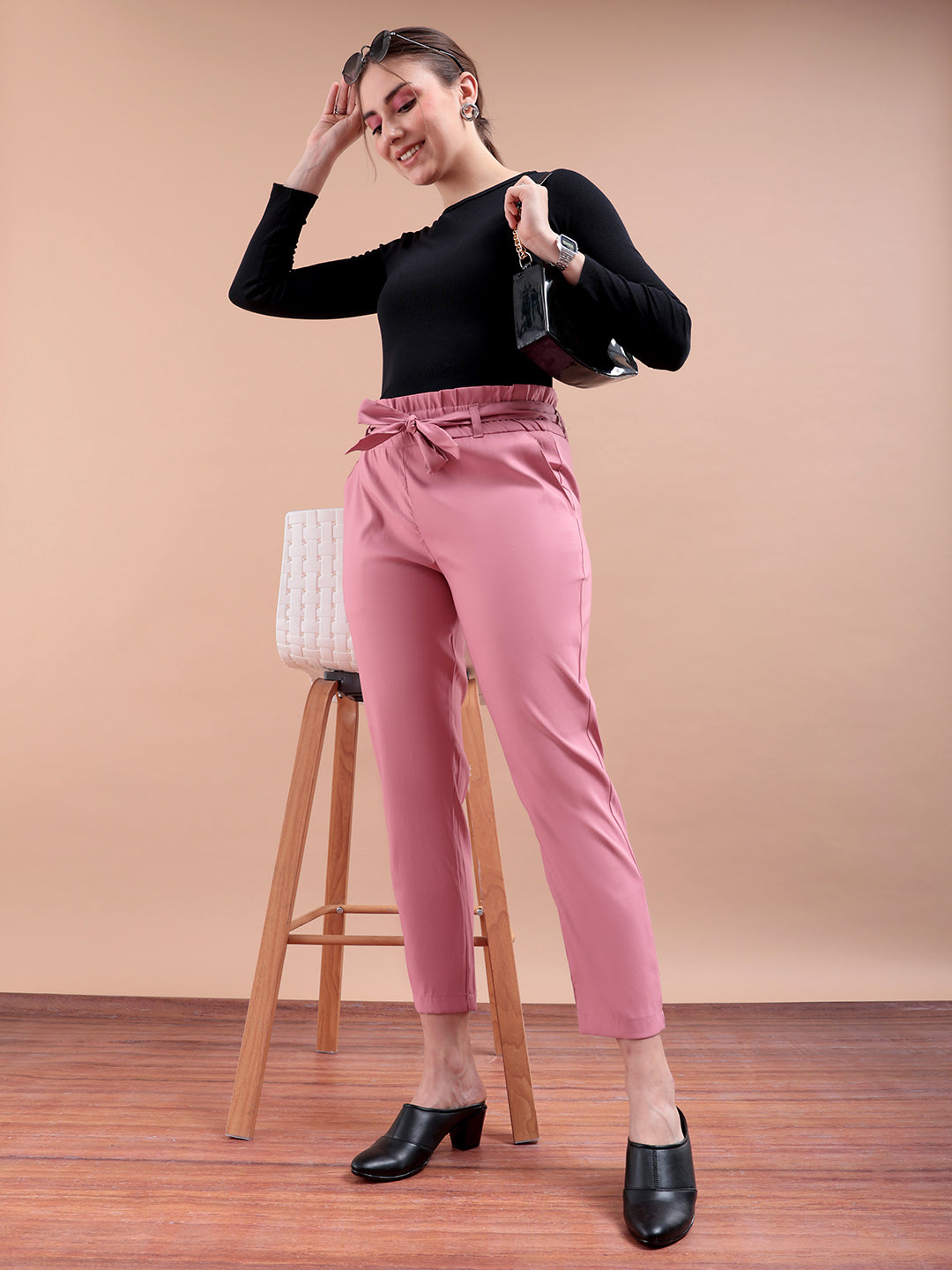 Women's Pink Slim Solid Elasticated Ruffle Waist Trouser