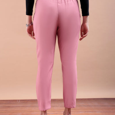 Women's Pink Slim Solid Elasticated Ruffle Waist Trouser