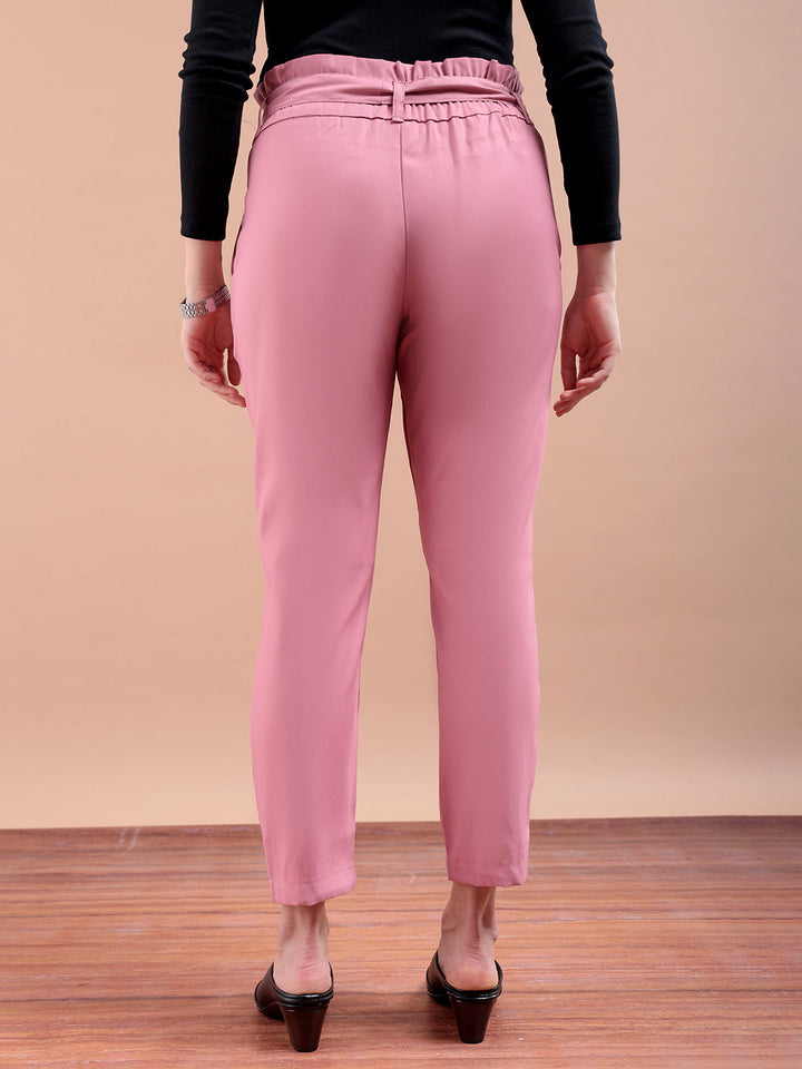 Women's Pink Slim Solid Elasticated Ruffle Waist Trouser