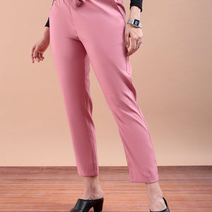 Women's Pink Slim Solid Elasticated Ruffle Waist Trouser