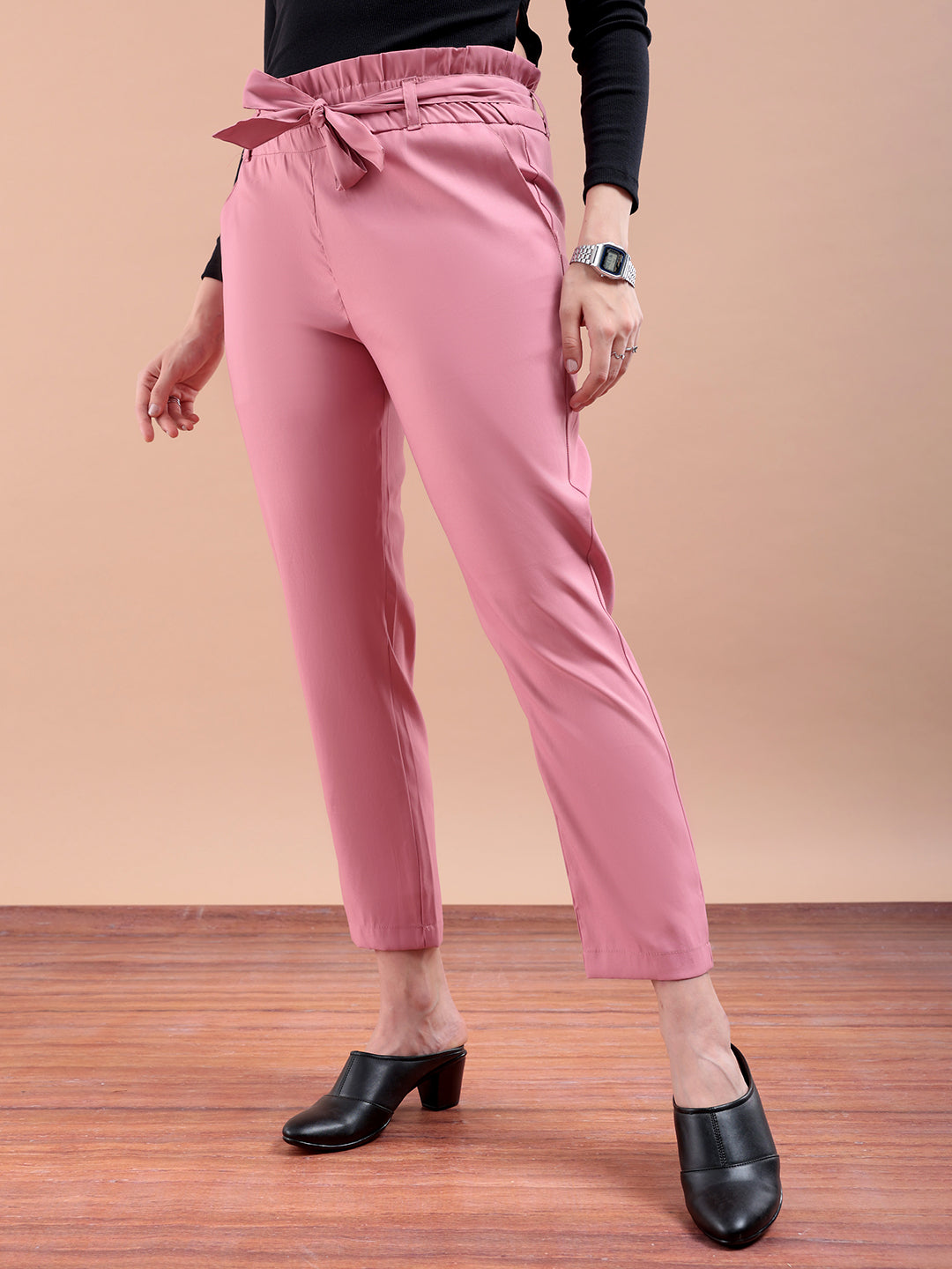 Women's Pink Slim Solid Elasticated Ruffle Waist Trouser