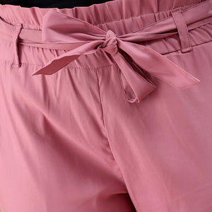 Women's Pink Slim Solid Elasticated Ruffle Waist Trouser