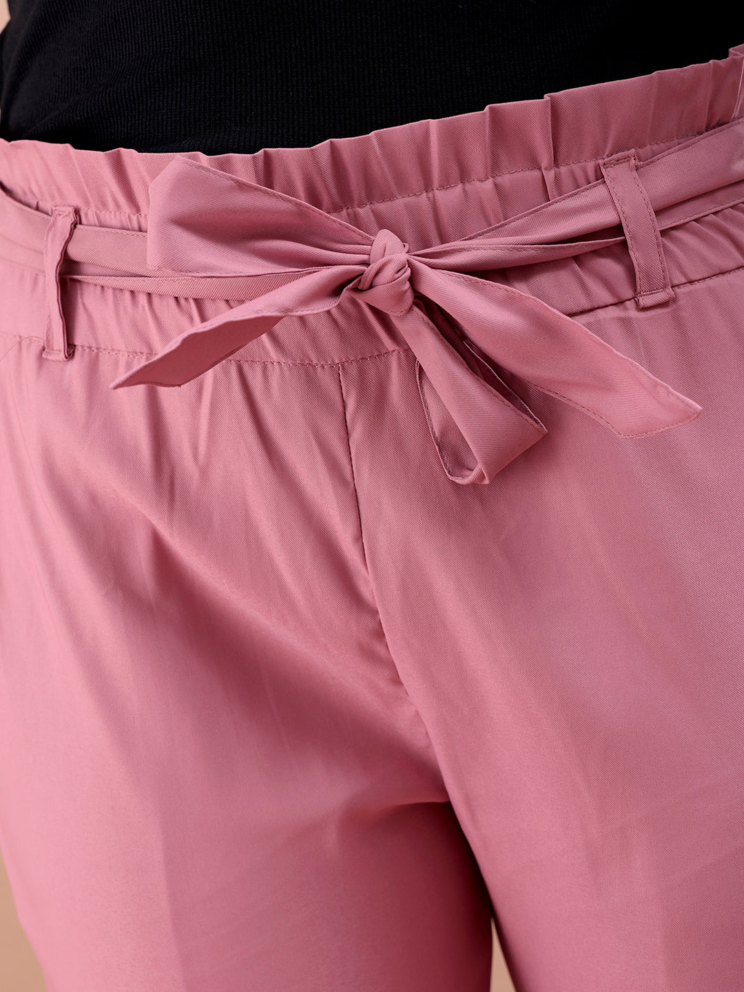 Women's Pink Slim Solid Elasticated Ruffle Waist Trouser