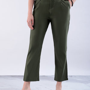 Women's Green Straight Solid Front Pleate Tapered Elasticated Trouser