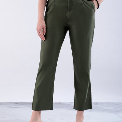 Women's Green Straight Solid Front Pleate Tapered Elasticated Trouser