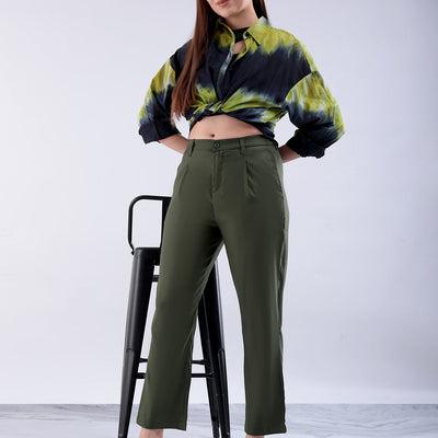 Women's Green Straight Solid Front Pleate Tapered Elasticated Trouser