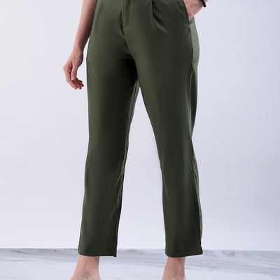 Women's Green Straight Solid Front Pleate Tapered Elasticated Trouser