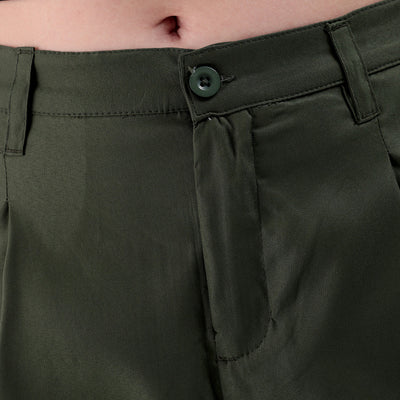 Women's Green Straight Solid Front Pleate Tapered Elasticated Trouser