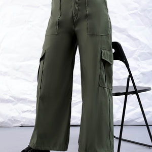Women's Green Flare Solid Elasticated Cargo Trouser