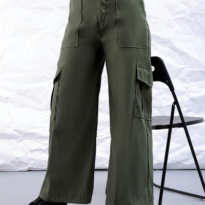 Women's Green Flare Solid Elasticated Cargo Trouser