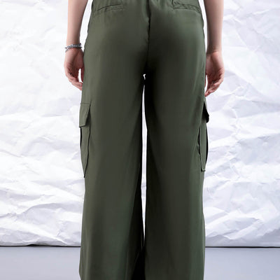 Women's Green Flare Solid Elasticated Cargo Trouser