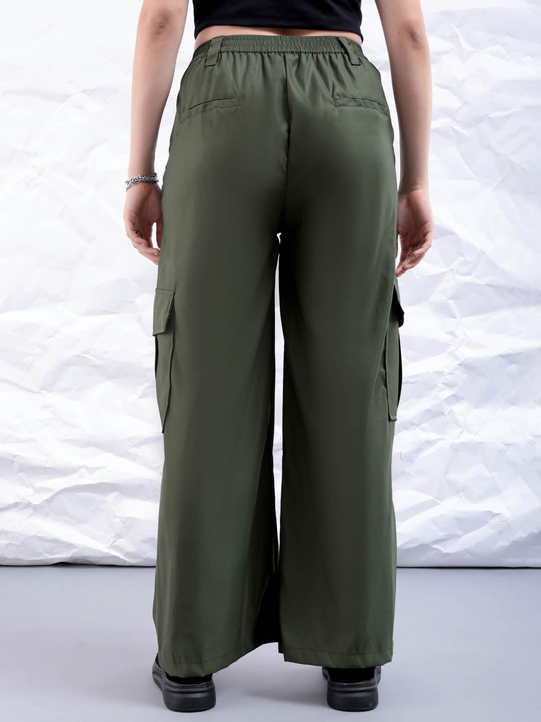 Women's Green Flare Solid Elasticated Cargo Trouser