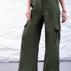 Women's Green Flare Solid Elasticated Cargo Trouser