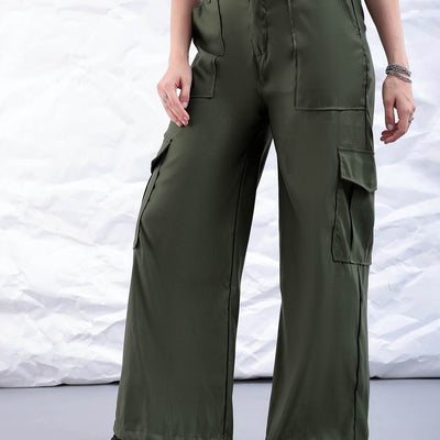 Women's Green Flare Solid Elasticated Cargo Trouser