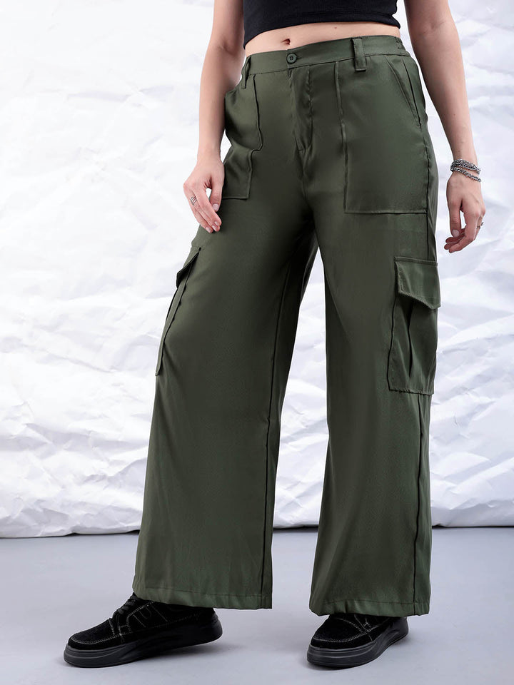 Women's Green Flare Solid Elasticated Cargo Trouser