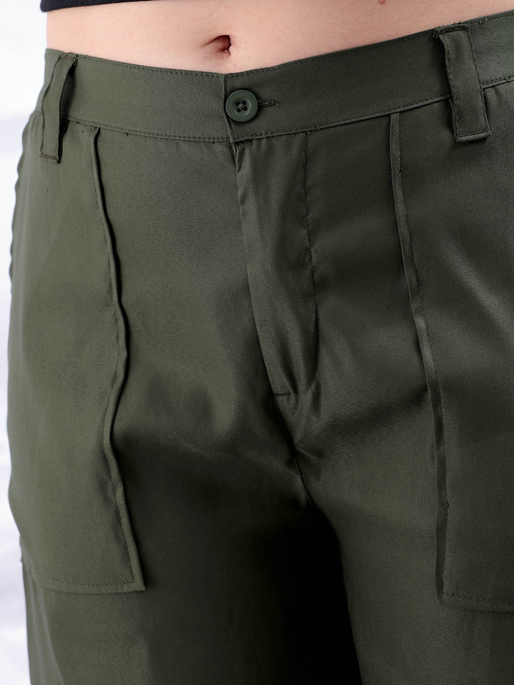 Women's Green Flare Solid Elasticated Cargo Trouser