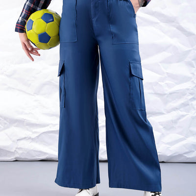 Women's Blue Flare Solid Elasticated Cargo Trouser