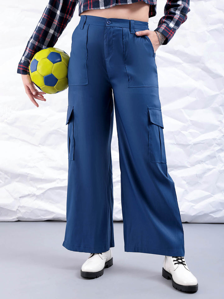 Women's Blue Flare Solid Elasticated Cargo Trouser