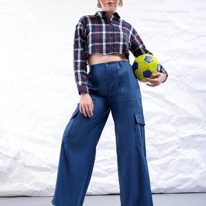 Women's Blue Flare Solid Elasticated Cargo Trouser