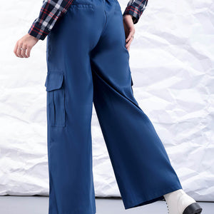 Women's Blue Flare Solid Elasticated Cargo Trouser
