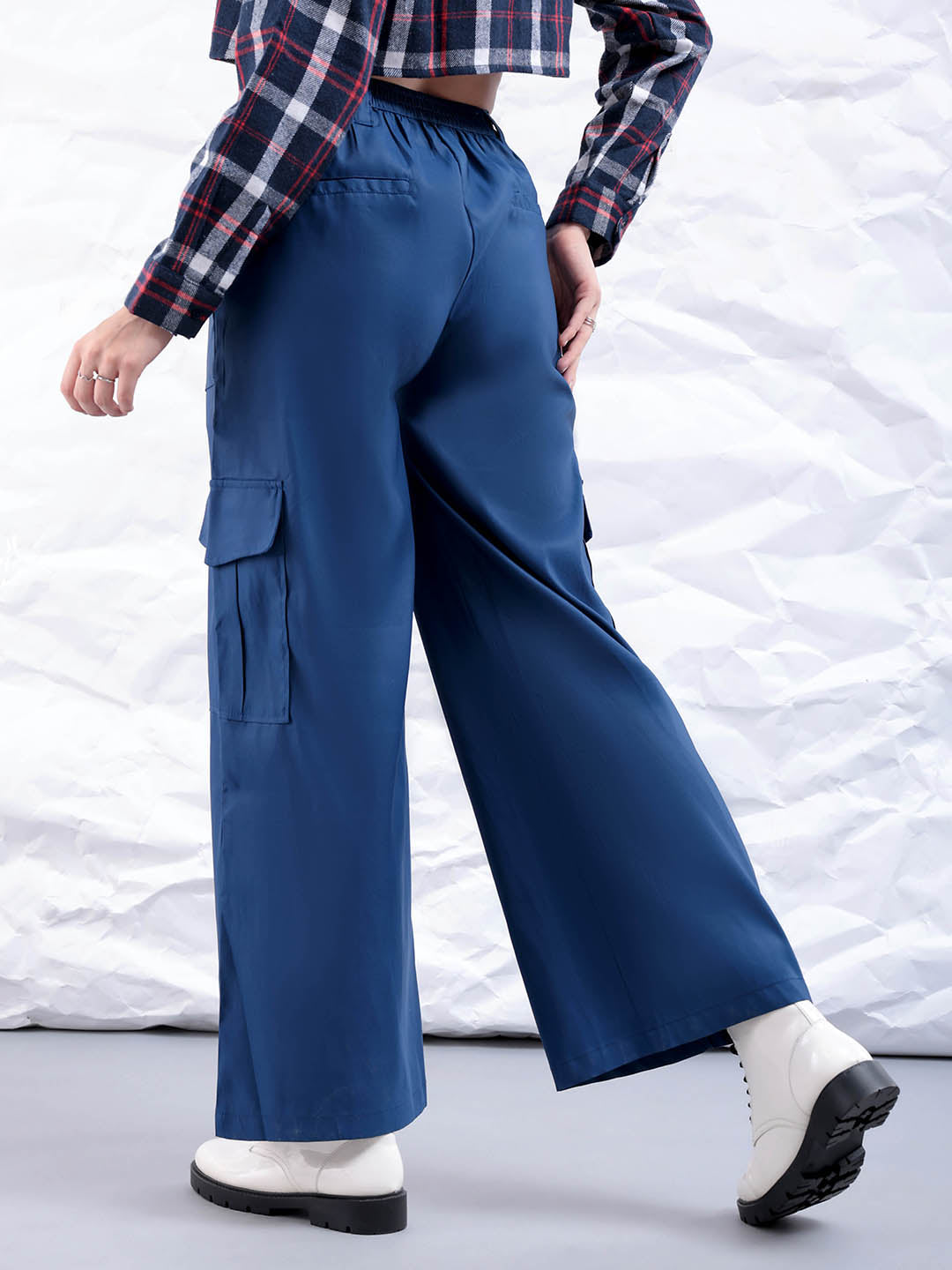 Women's Blue Flare Solid Elasticated Cargo Trouser