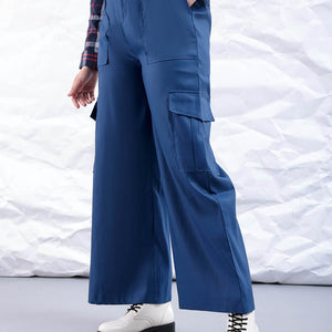 Women's Blue Flare Solid Elasticated Cargo Trouser