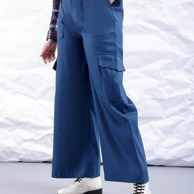 Women's Blue Flare Solid Elasticated Cargo Trouser
