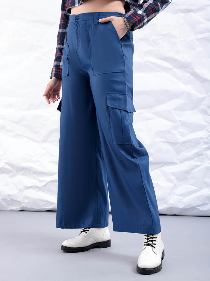 Women's Blue Flare Solid Elasticated Cargo Trouser