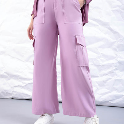 Women's Purple Flare Solid Elasticated Cargo Trouser