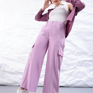 Women's Purple Flare Solid Elasticated Cargo Trouser