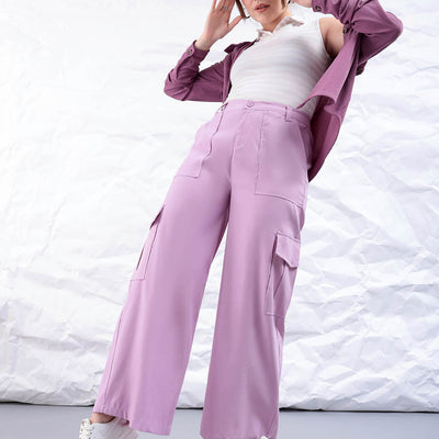 Women's Purple Flare Solid Elasticated Cargo Trouser