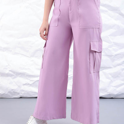 Women's Purple Flare Solid Elasticated Cargo Trouser