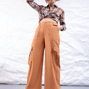 Women's Yellow Flare Solid Elasticated Cargo Trouser