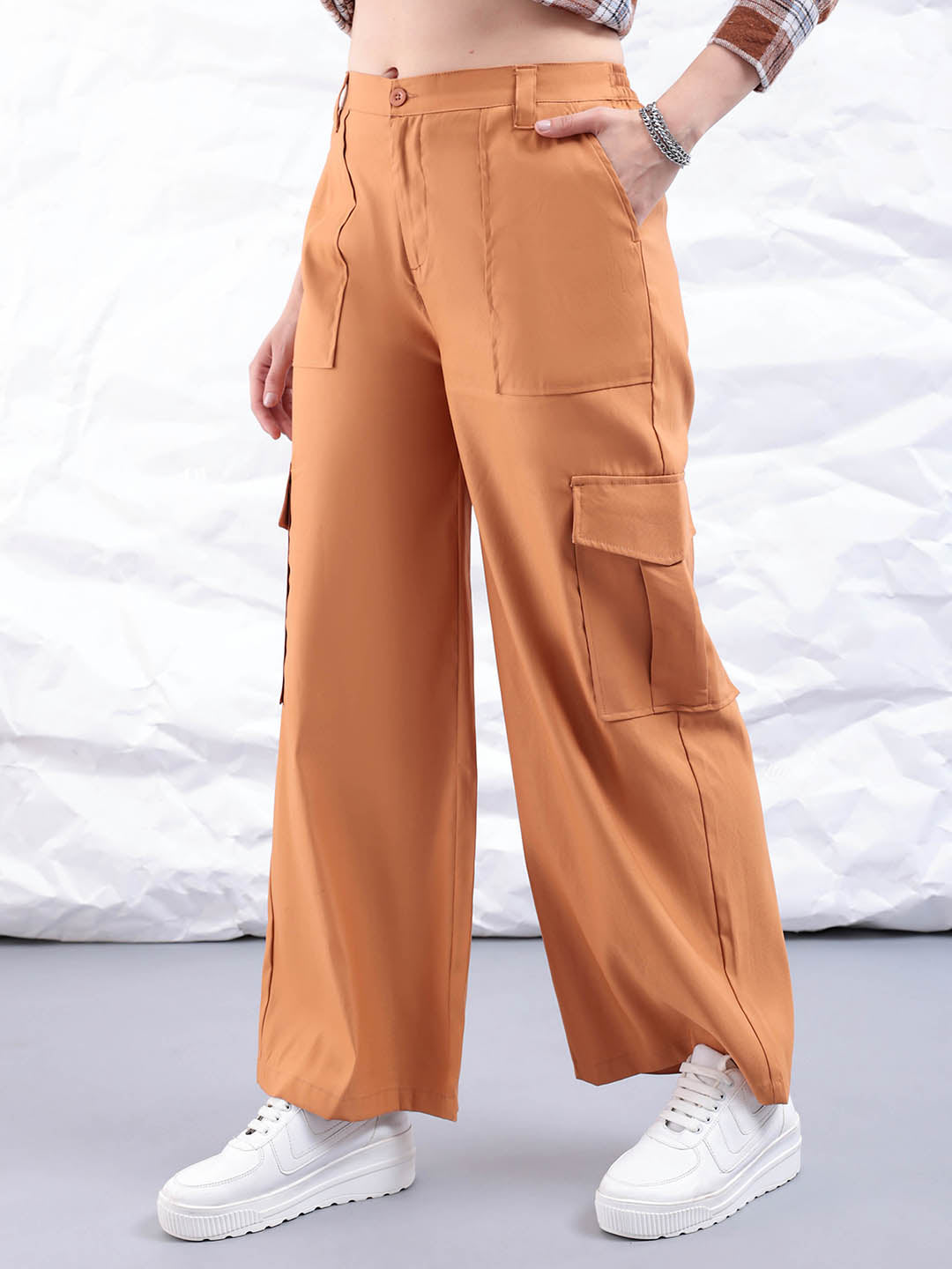 Women's Yellow Flare Solid Elasticated Cargo Trouser