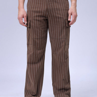 Men's Brown Relaxed Fit Striped Cargo