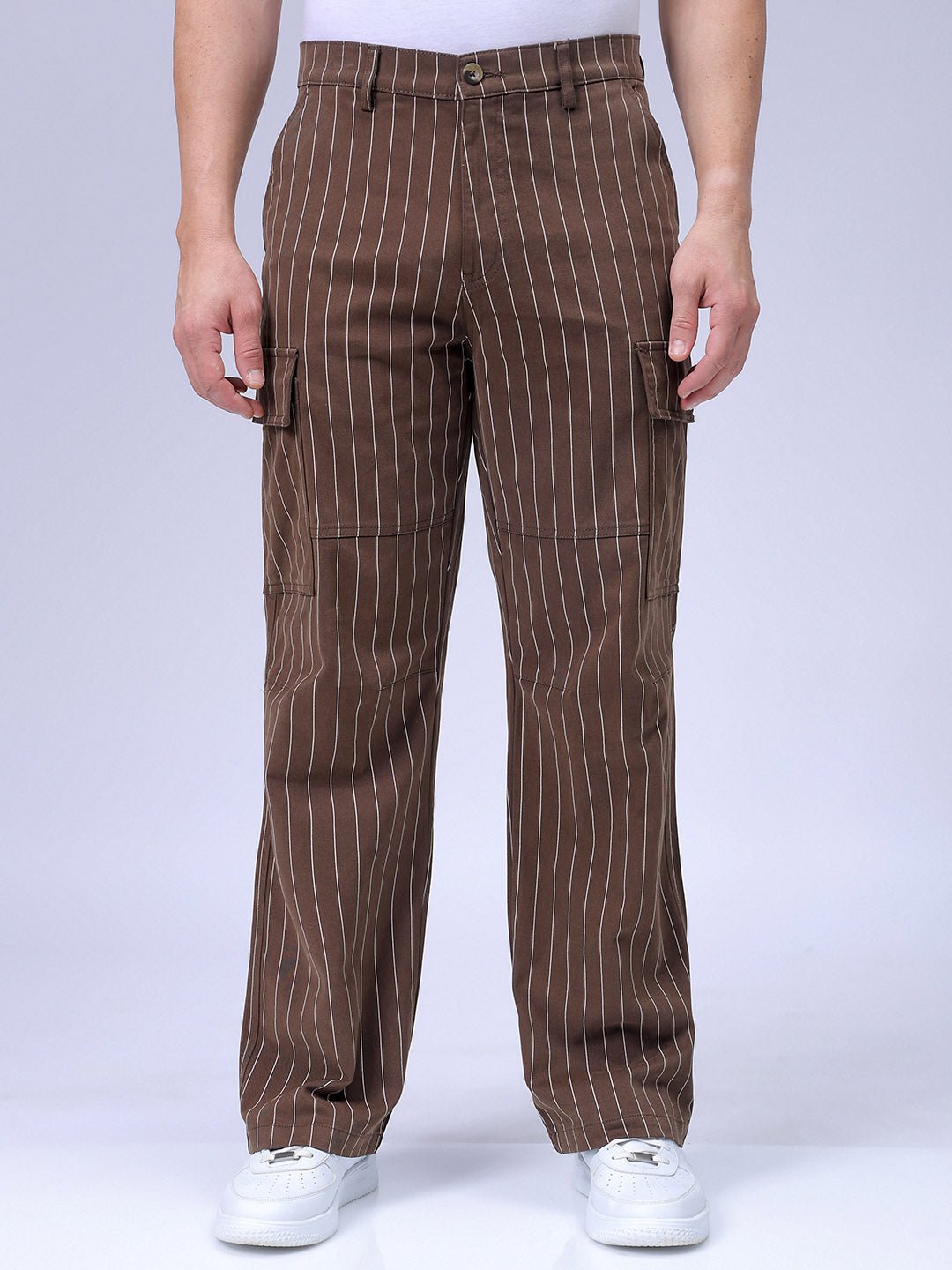 Men's Brown Relaxed Fit Striped Cargo