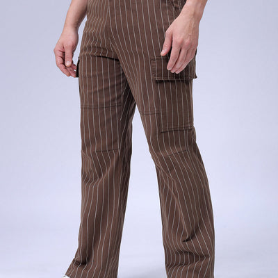 Men's Brown Relaxed Fit Striped Cargo