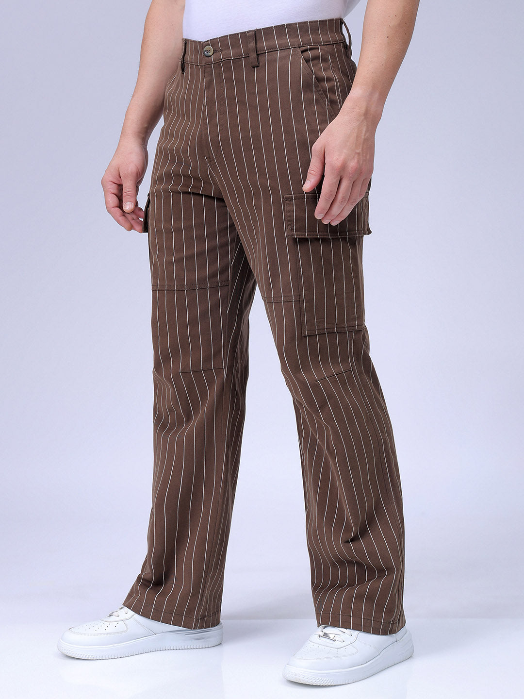 Men's Brown Relaxed Fit Striped Cargo