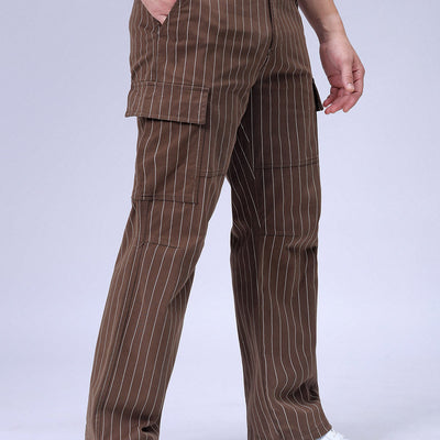 Men's Brown Relaxed Fit Striped Cargo