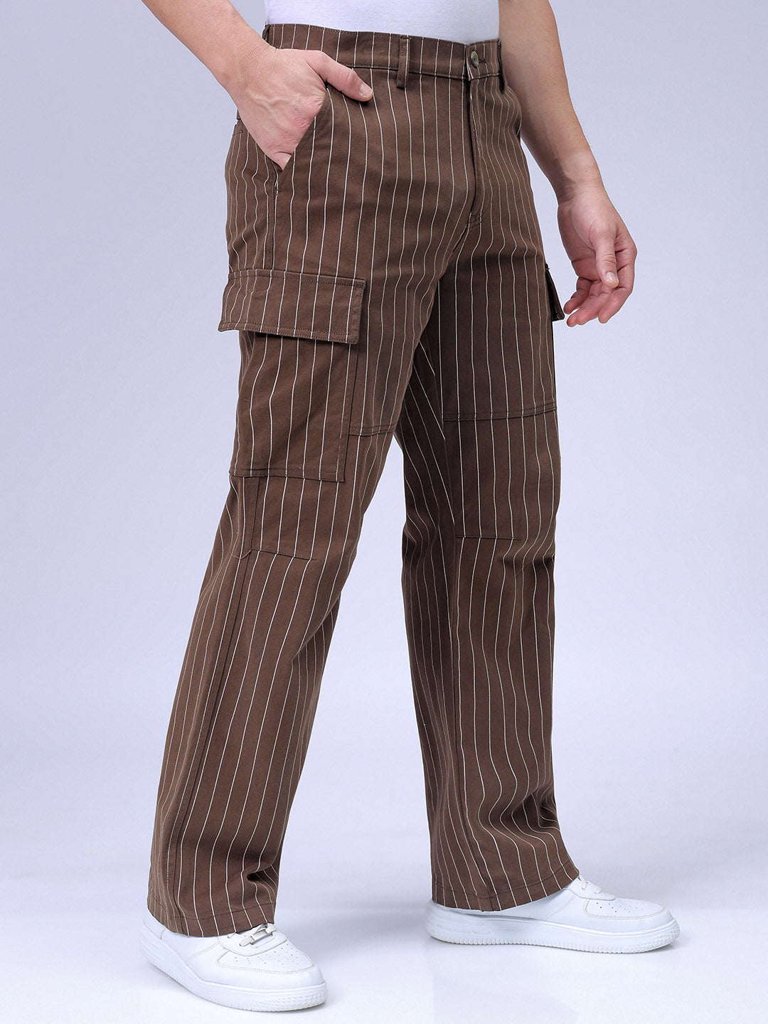 Men's Brown Relaxed Fit Striped Cargo