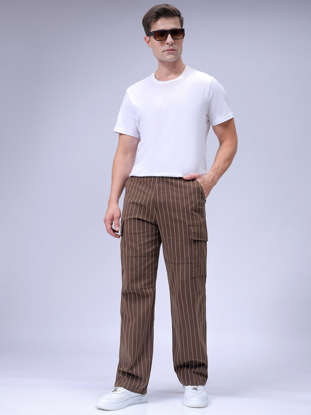 Men's Brown Relaxed Fit Striped Cargo