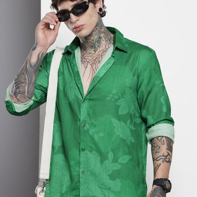 Men's Green Relaxed Fit Floral Resort Wear Shirt