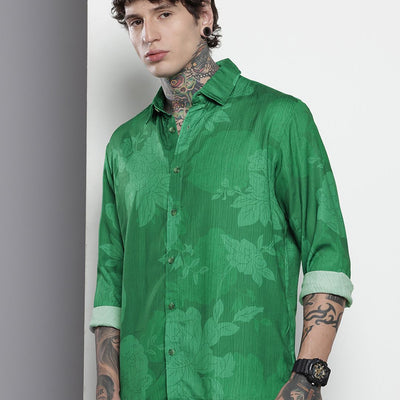 Men's Green Relaxed Fit Floral Resort Wear Shirt