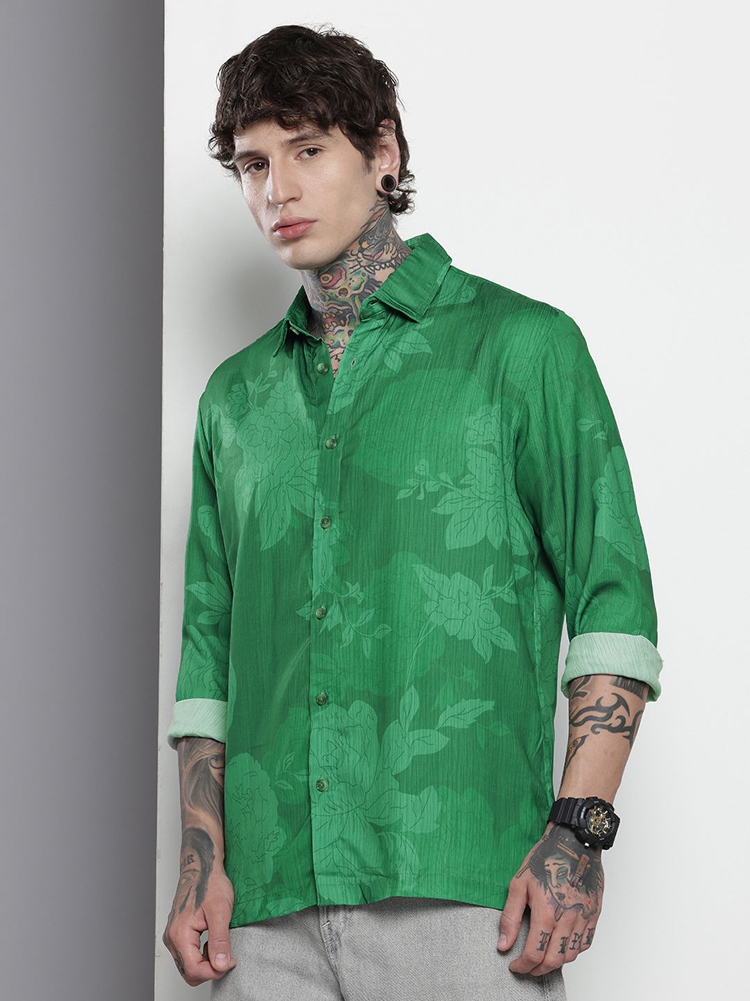 Men's Green Relaxed Fit Floral Resort Wear Shirt